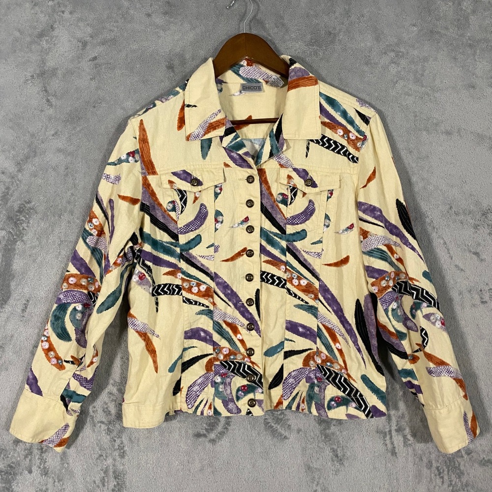 Chico's Jacket Sz 2/L Cream Abstract Feather Print Linen Cotton Button Up Boho